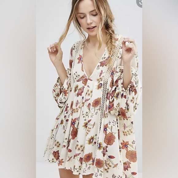 Free People Just the Two of Us Ivory Floral Printed Tunic Dress Sz XS Boho Flowy - Picture 1 of 7
